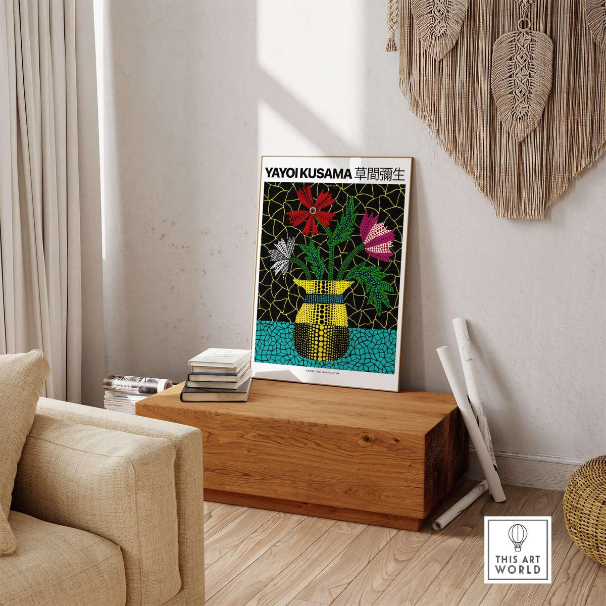 Yayoi Kusama Flowers Vase 1996 Polka Dot Art Print Contemporary Japanese Poster displayed on a wooden table in a modern setting.