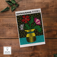 Yayoi Kusama Flowers Vase 1996 Polka Dot Art Print Contemporary Japanese Poster featuring colorful flowers in a dotted vase.