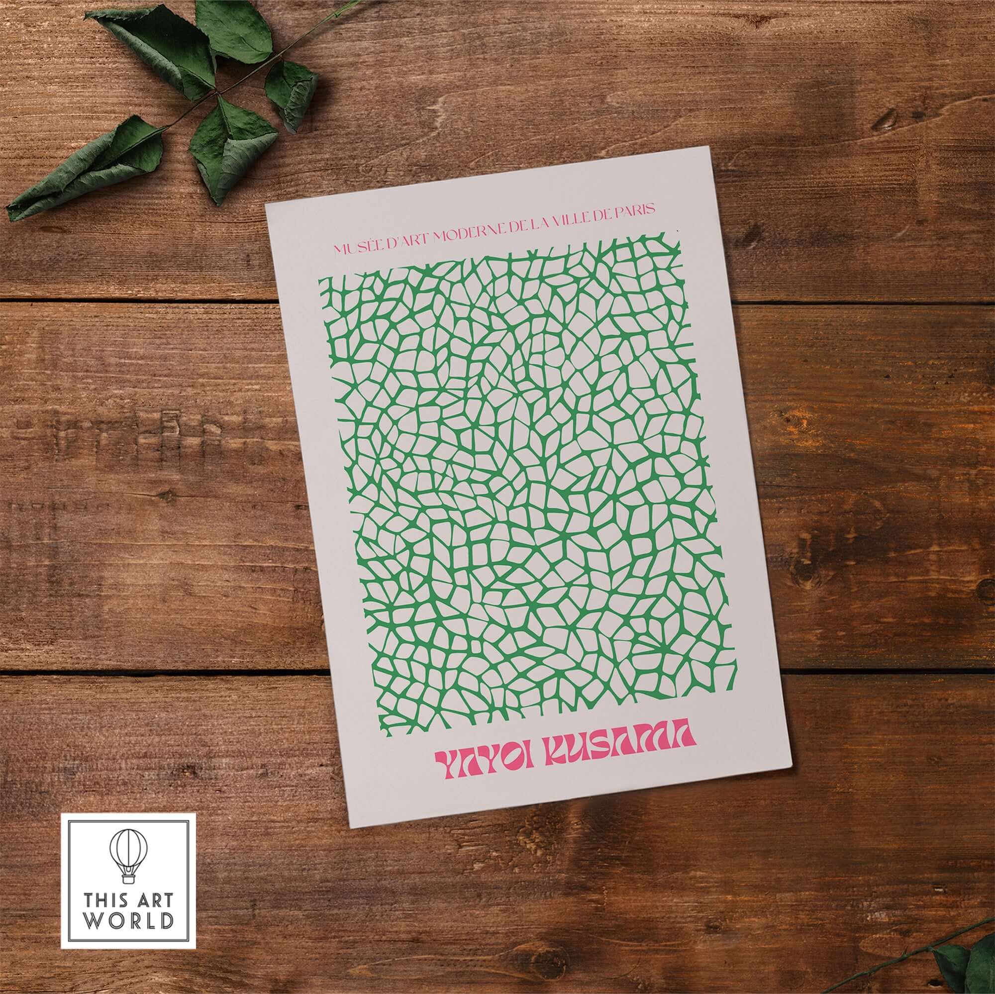 Yayoi Kusama Green Net Pattern Abstract Contemporary Art Print Paris Poster Decor showcasing intricate green net design.
