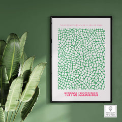 Yayoi Kusama Green Net Pattern Abstract Contemporary Art Print Paris Poster Decor displayed in a modern interior with plants.
