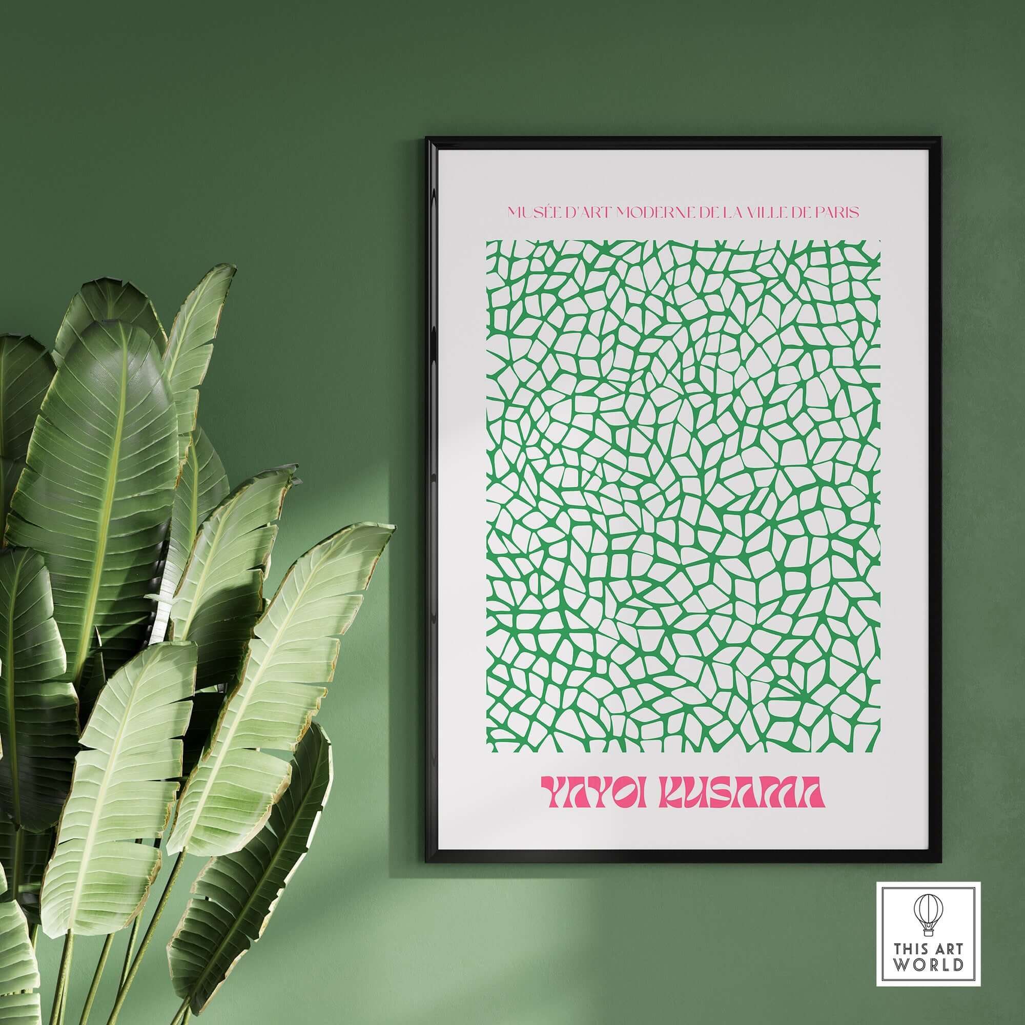 Yayoi Kusama Green Net Pattern Abstract Contemporary Art Print Paris Poster Decor displayed in a modern interior with plants.