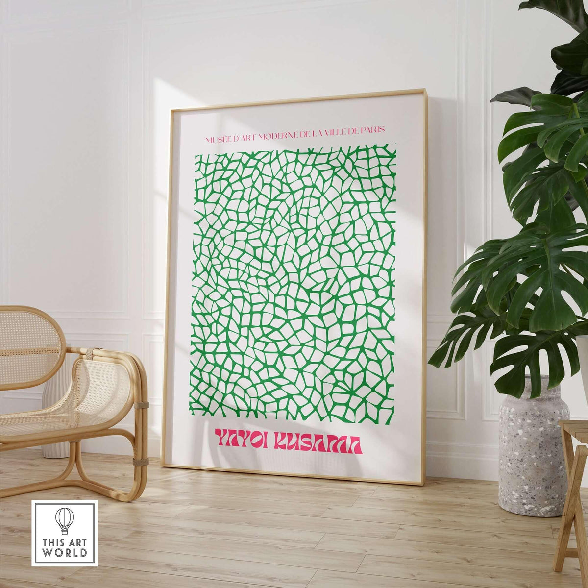 Yayoi Kusama Green Net Pattern Abstract Contemporary Art Print Paris Poster Decor framed in a modern interior setting.