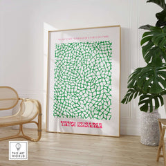 Yayoi Kusama Green Net Pattern Abstract Contemporary Art Print Paris Poster Decor framed in a modern interior setting.