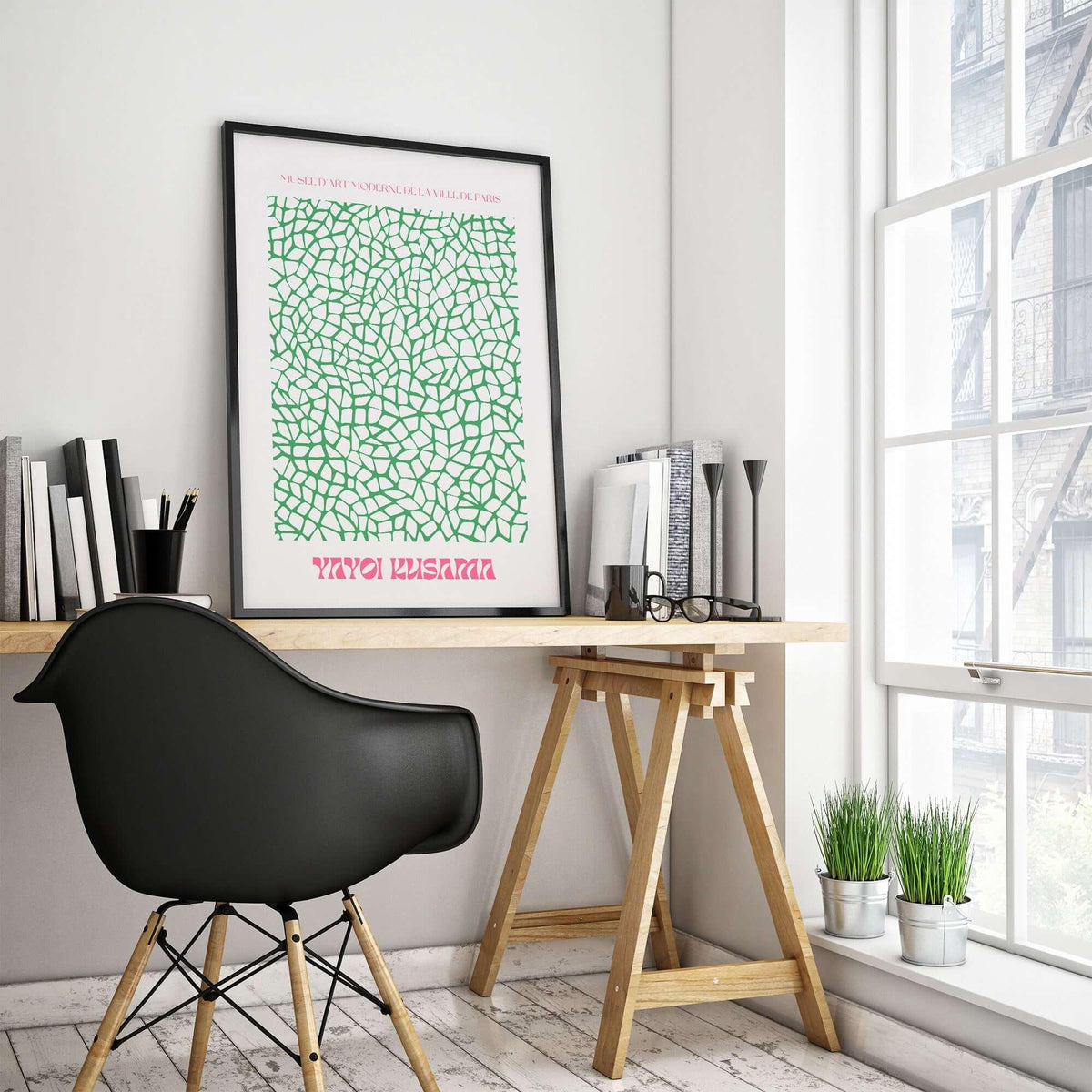 Yayoi Kusama Green Net Pattern Abstract Contemporary Art Print Paris Poster Decor hanging in a modern workspace interior.