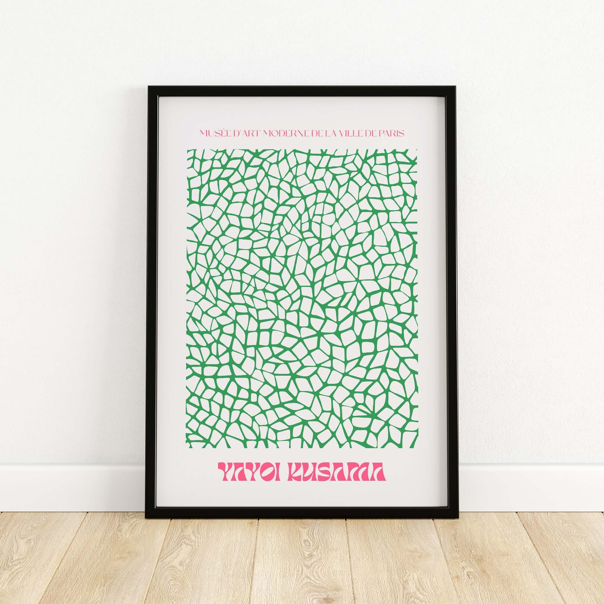 Yayoi Kusama Green Net Pattern Abstract Contemporary Art Print Paris Poster Decor showcasing intricate green net design.