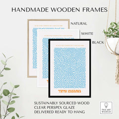 Yayoi Kusama Blue Infinity Net Pattern Abstract Art Print Paris Exhibition Poster in handmade wooden frames.