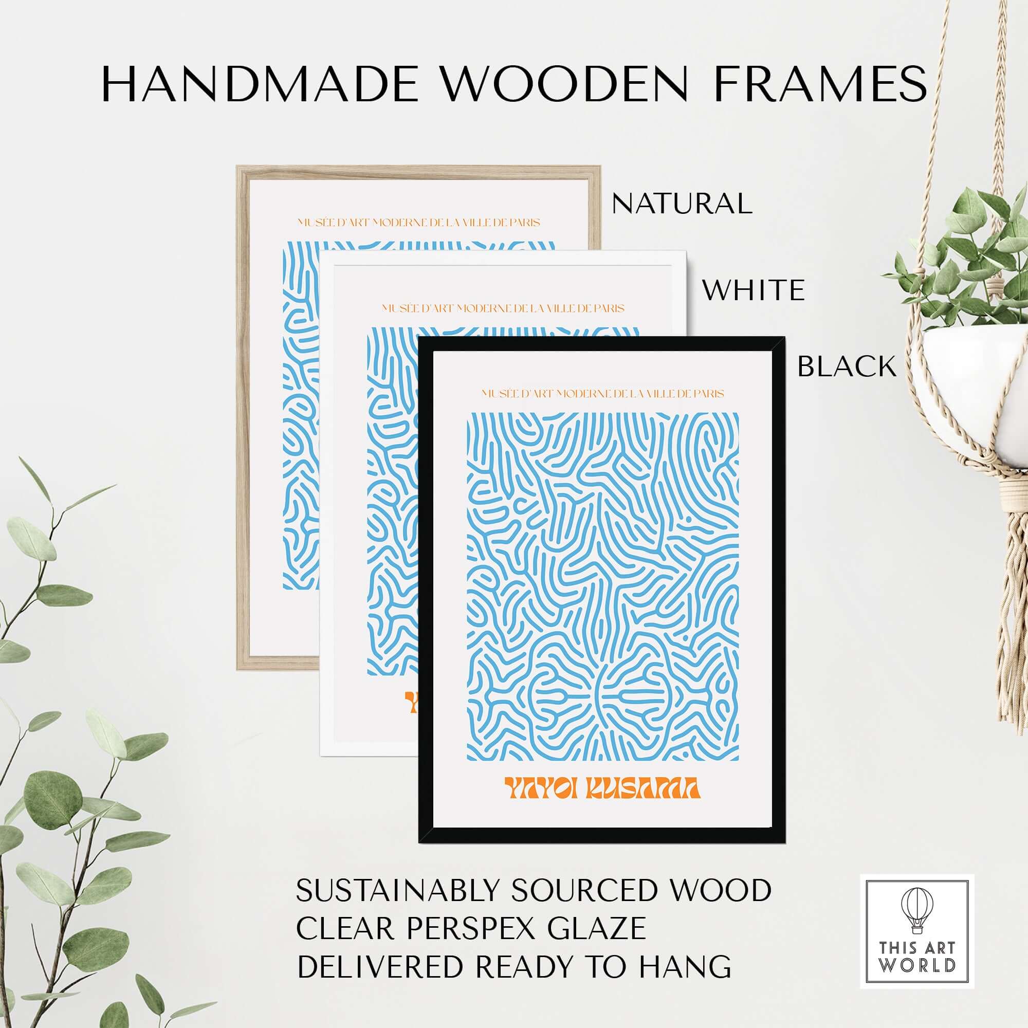 Yayoi Kusama Blue Infinity Net Pattern Abstract Art Print Paris Exhibition Poster in handmade wooden frames.