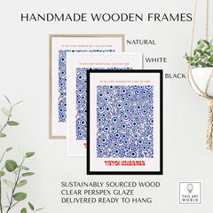 Handmade wooden frames for Yayoi Kusama Evil Eye Pattern Blue Contemporary Art Print Poster Paris Wall Decor.