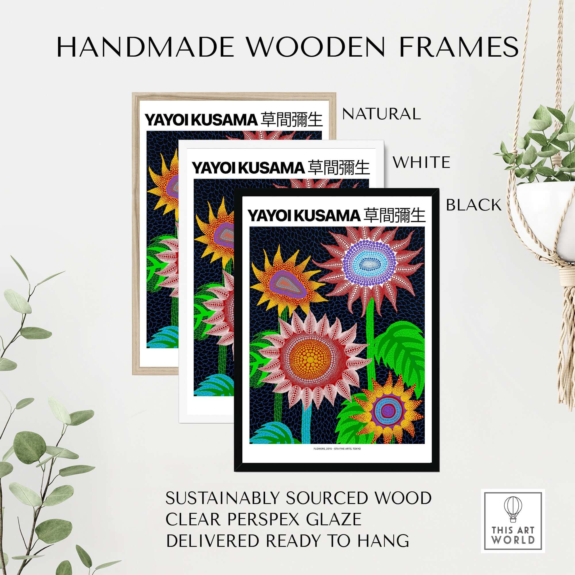 Yayoi Kusama Colorful Flowers 2015 Tokyo Art Print Poster Contemporary Polka Dot Wall Art framed in natural, white, and black handmade frames.