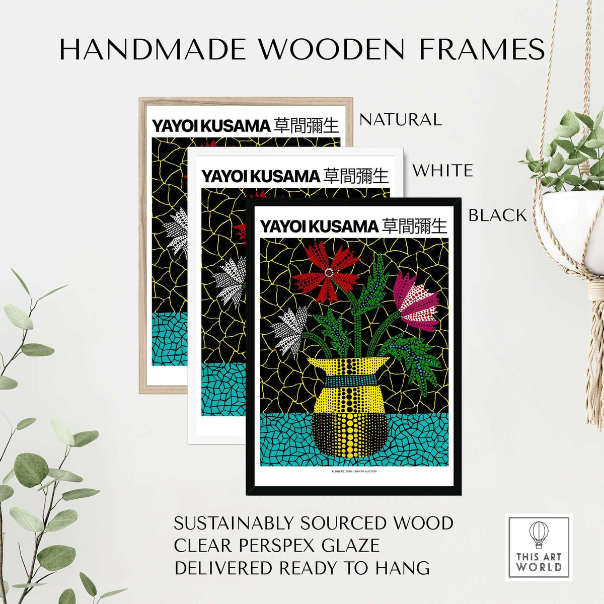 Yayoi Kusama Flowers Vase 1996 Polka Dot Art Print Contemporary Japanese Poster with handmade wooden frames