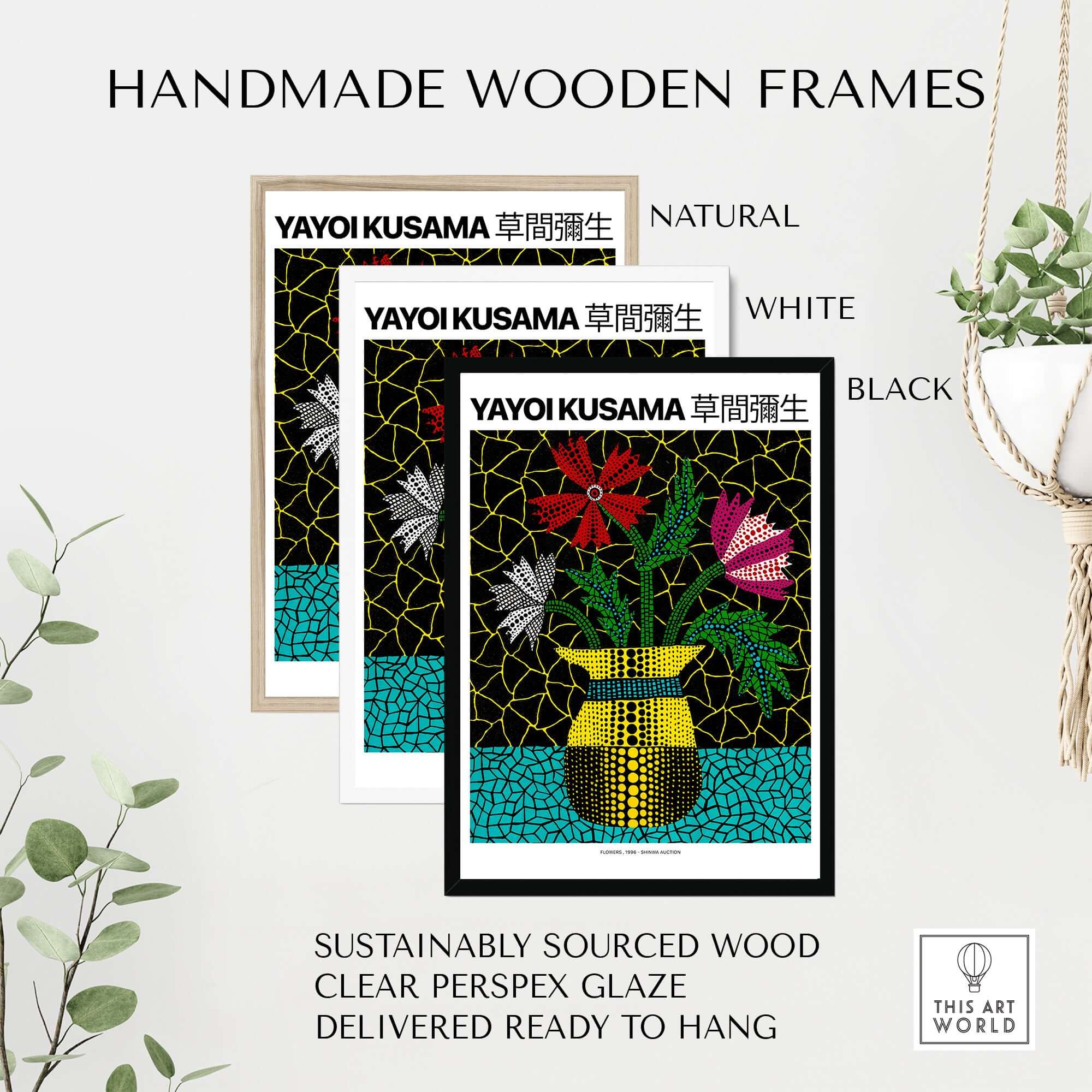 Yayoi Kusama Flowers Vase 1996 Polka Dot Art Print Contemporary Japanese Poster with handmade wooden frames