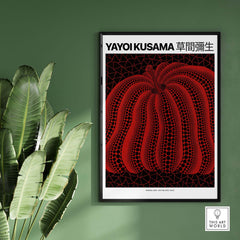 Yayoi Kusama Red Black Pumpkin 2000 Tokyo Exhibition Poster Polka Dot Art Print displayed on a green wall.