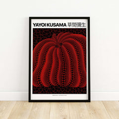 Yayoi Kusama Red Black Pumpkin 2000 Tokyo Exhibition Poster Polka Dot Art Print in a stylish black frame.