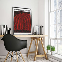 Yayoi Kusama Red Black Pumpkin 2000 Tokyo Exhibition Poster Polka Dot Art Print displayed in a modern office setting.
