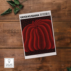 Yayoi Kusama Red Black Pumpkin 2000 Tokyo Exhibition Poster Polka Dot Art Print on a wooden background.