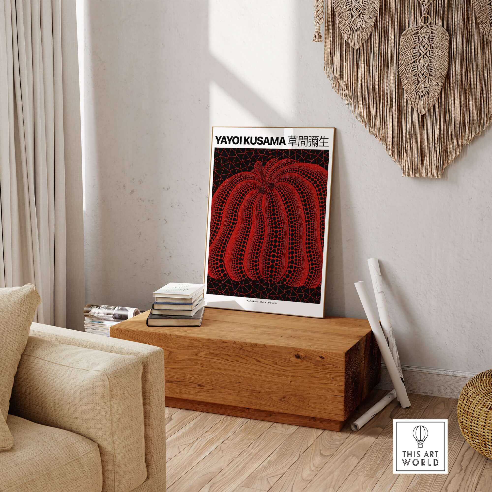 Yayoi Kusama Red Black Pumpkin 2000 Tokyo Exhibition Poster Polka Dot Art Print displayed in a modern living room.