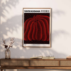Yayoi Kusama Red Black Pumpkin 2000 Tokyo Exhibition Poster Polka Dot Art Print showcasing bold red pumpkin art.