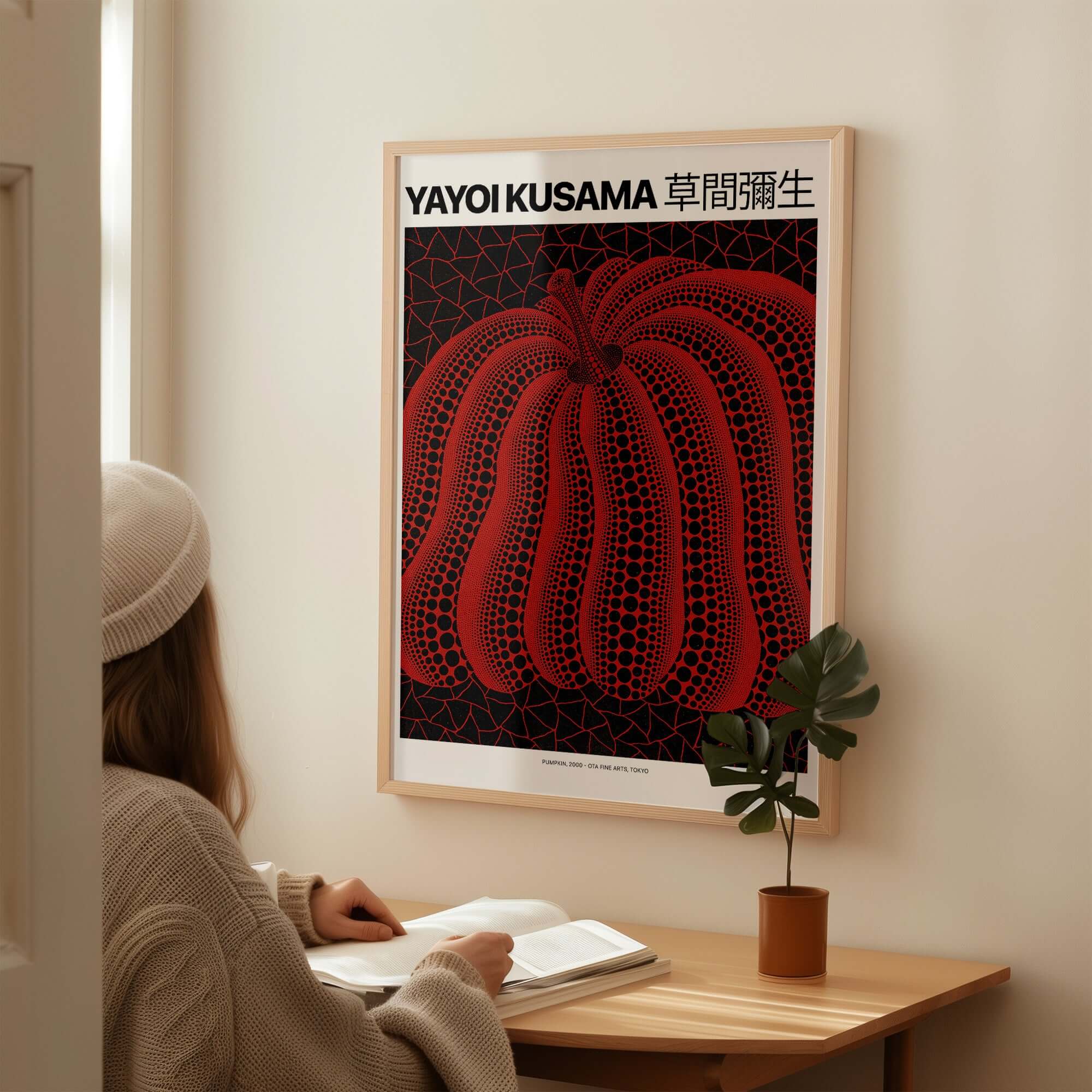 Yayoi Kusama Red Black Pumpkin 2000 Tokyo Exhibition Poster Polka Dot Art Print displayed on wall.