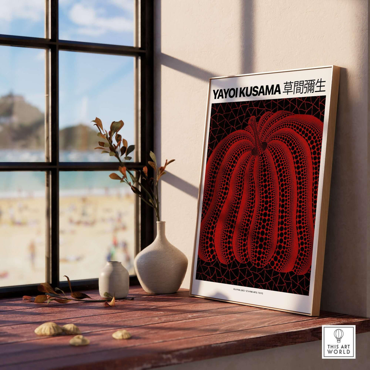Yayoi Kusama Red Black Pumpkin 2000 Tokyo Exhibition Poster Polka Dot Art Print displayed in a modern interior setting.