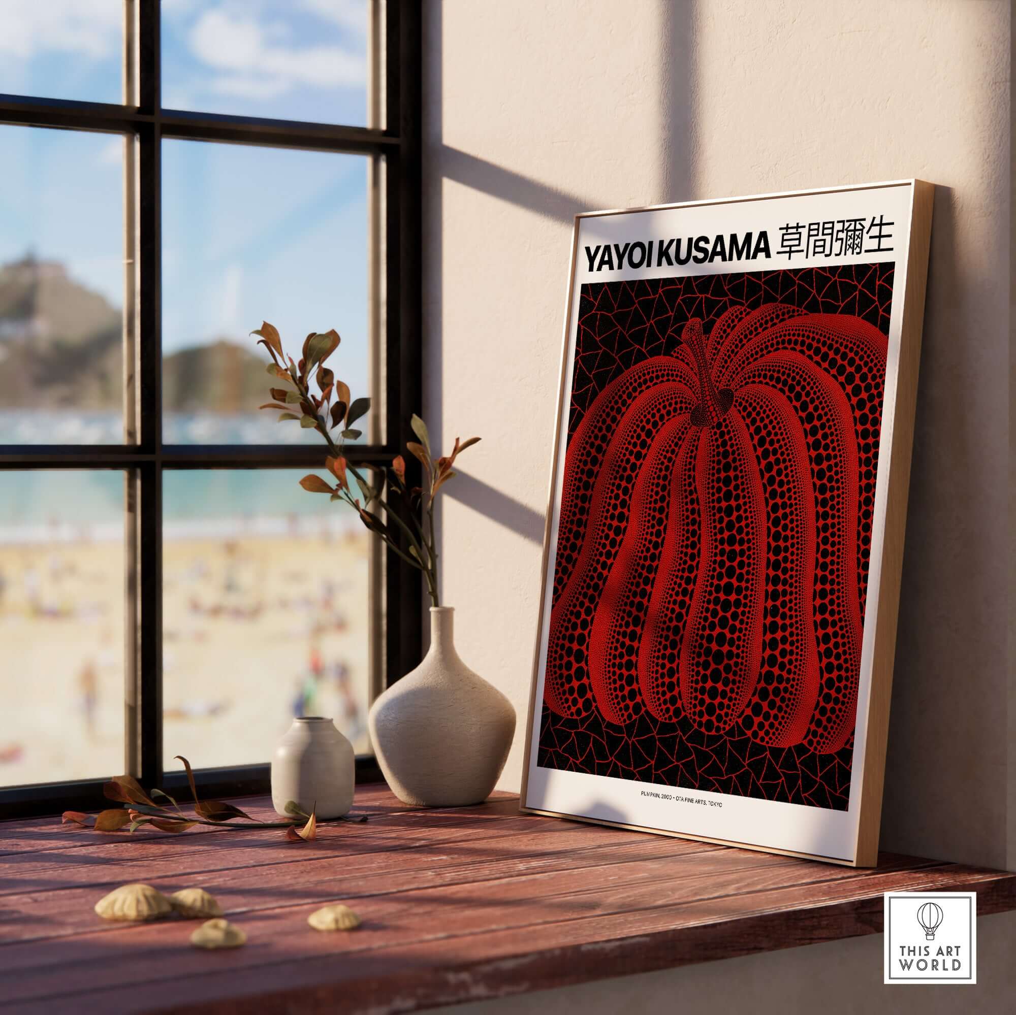 Yayoi Kusama Red Black Pumpkin 2000 Tokyo Exhibition Poster Polka Dot Art Print displayed in a modern interior setting.
