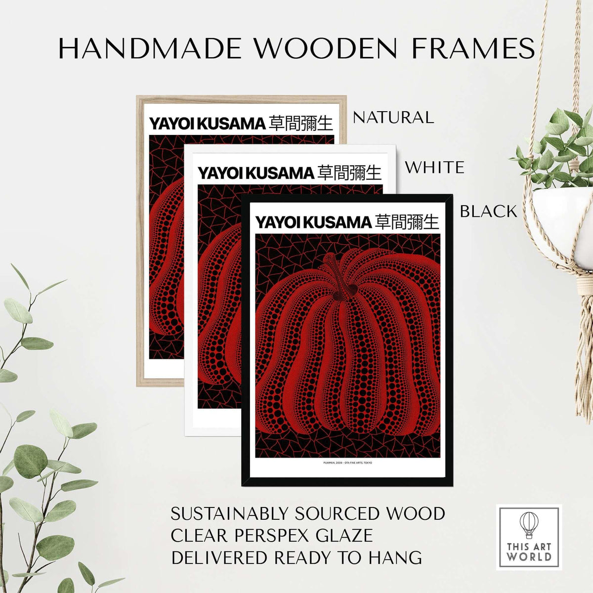 Yayoi Kusama Red Black Pumpkin 2000 Tokyo Exhibition Poster Polka Dot Art Print displayed in three handmade wooden frames.