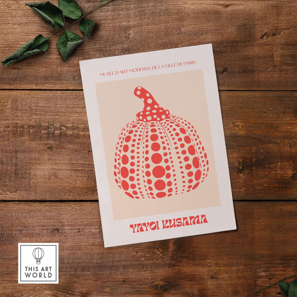 Yayoi Kusama Red Pumpkin Polka Dot Pop Art Print Poster Paris Exhibition Wall Art on wooden background