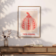 Yayoi Kusama Red Pumpkin Polka Dot Pop Art Print Poster Paris Exhibition Wall Art displayed in modern decor setting.