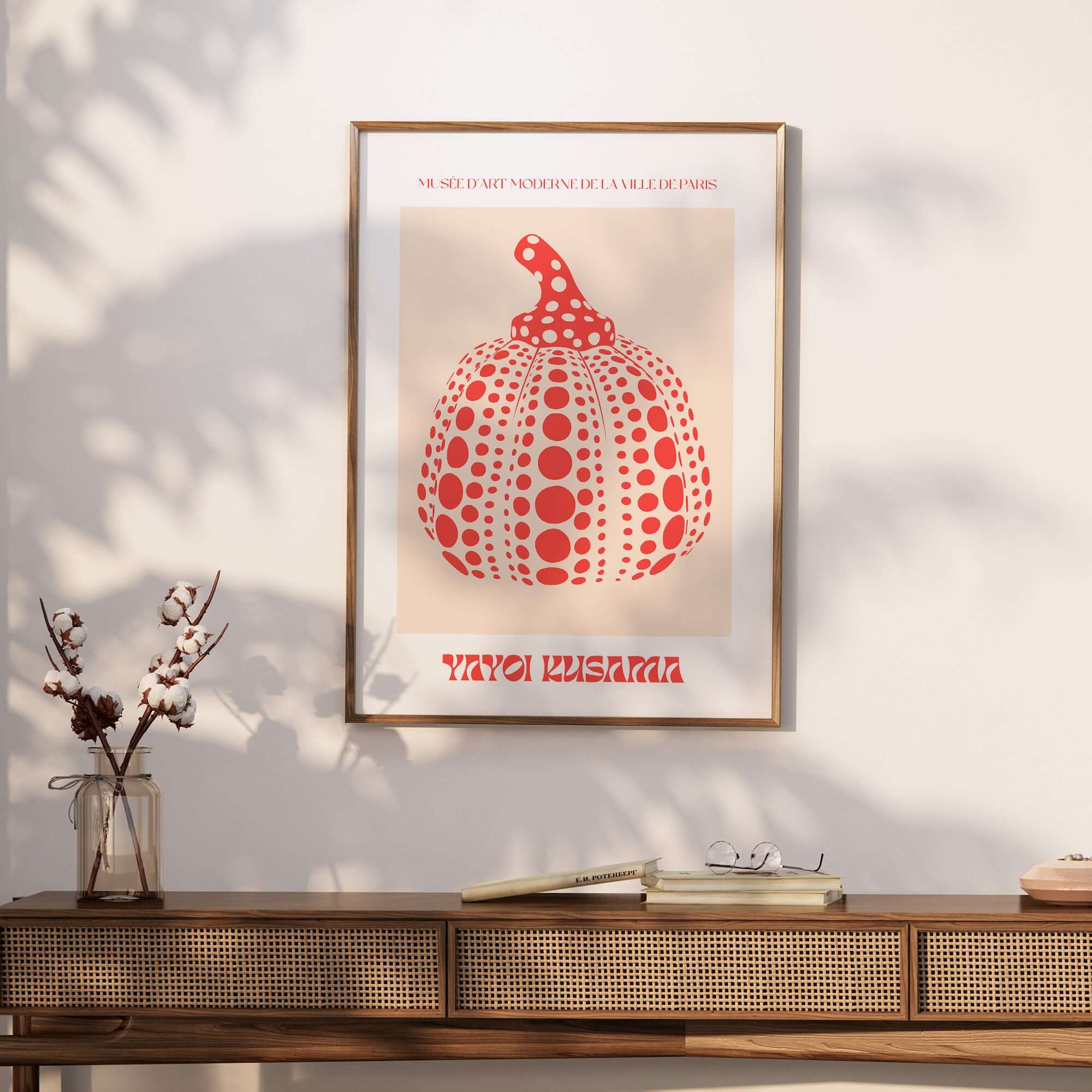 Yayoi Kusama Red Pumpkin Polka Dot Pop Art Print Poster Paris Exhibition Wall Art displayed in modern decor setting.