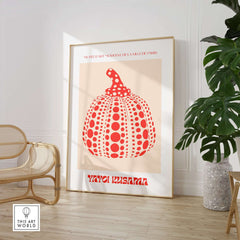 Yayoi Kusama Red Pumpkin Polka Dot Pop Art Print Poster Paris Exhibition Wall Art displayed in a modern interior setting.