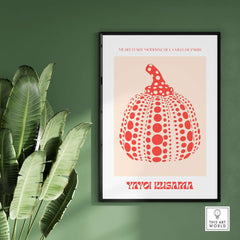 Yayoi Kusama Red Pumpkin Polka Dot Pop Art Print Poster Paris Exhibition Wall Art displayed in a modern home decor setting.