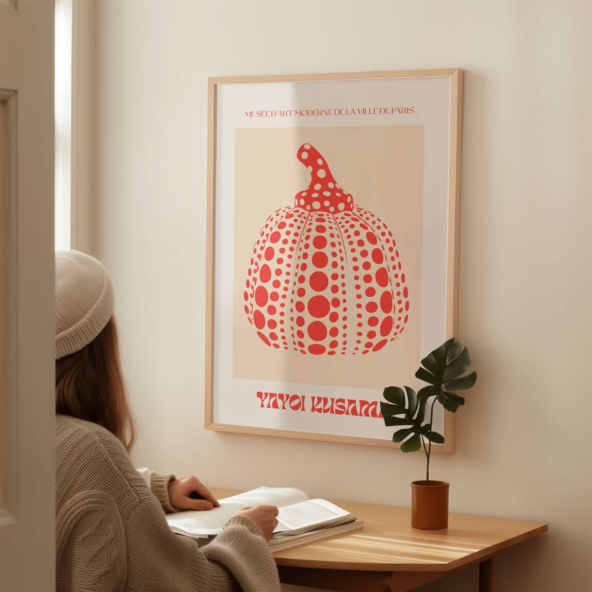 Yayoi Kusama Red Pumpkin Polka Dot Pop Art Print Poster Paris Exhibition Wall Art displayed in a modern setting.