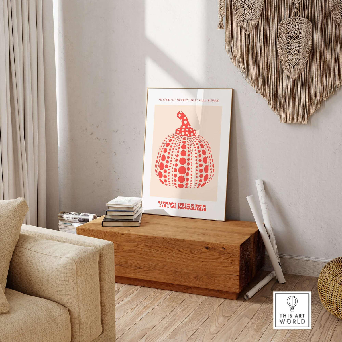 Yayoi Kusama Red Pumpkin Polka Dot Pop Art Print Poster Paris Exhibition Wall Art displayed in a modern interior setting.