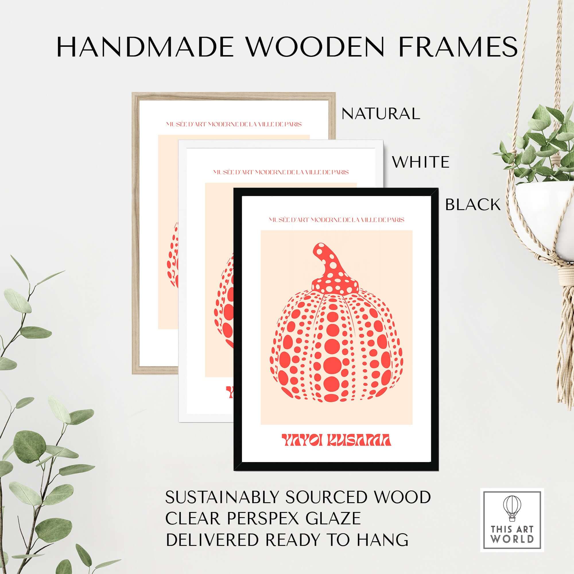 Yayoi Kusama Red Pumpkin Polka Dot Pop Art Print Poster Paris Exhibition Wall Art showcased in handmade wooden frames.