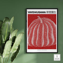 Yayoi Kusama Red White Pumpkin 2013 Singapore Exhibition Art Print Poster Polka Dot framed on a green wall.