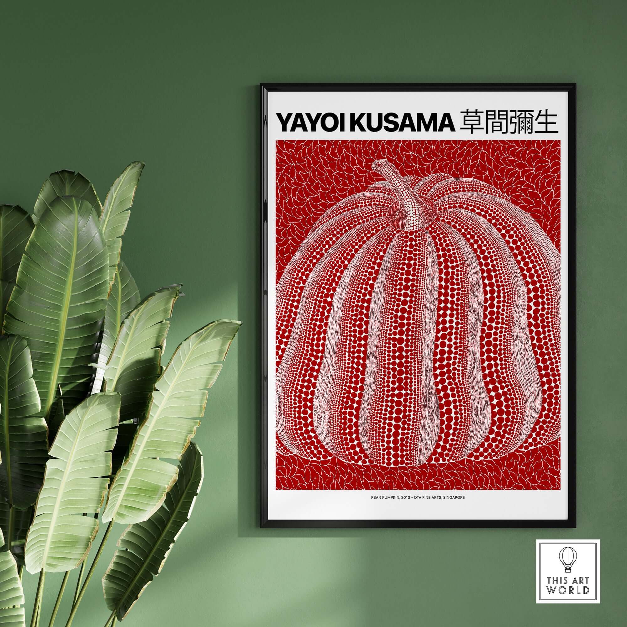 Yayoi Kusama Red White Pumpkin 2013 Singapore Exhibition Art Print Poster Polka Dot framed on a green wall.