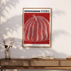 Yayoi Kusama Red White Pumpkin 2013 Singapore Exhibition Art Print Poster Polka Dot displayed on a wall.