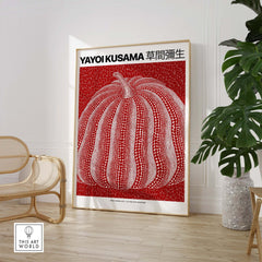 Yayoi Kusama Red White Pumpkin 2013 Singapore Exhibition Art Print Poster Polka Dot displayed in modern interior decor.