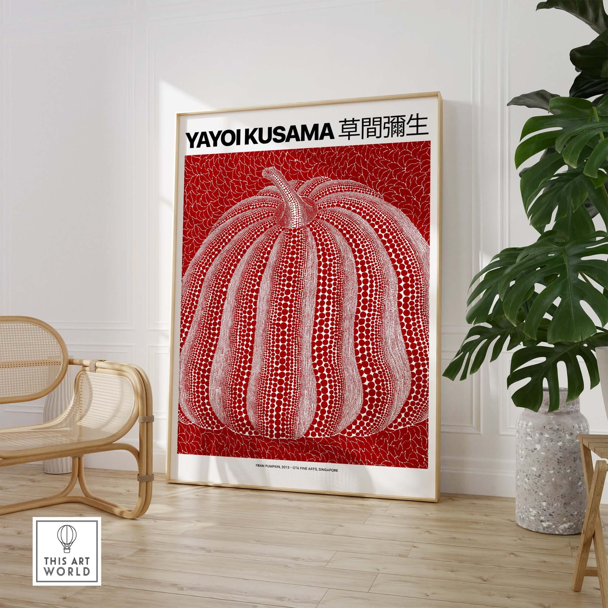 Yayoi Kusama Red White Pumpkin 2013 Singapore Exhibition Art Print Poster Polka Dot displayed in modern interior decor.