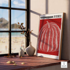 Yayoi Kusama Red White Pumpkin 2013 Singapore Exhibition Art Print Poster Polka Dot displayed in a stylish interior.