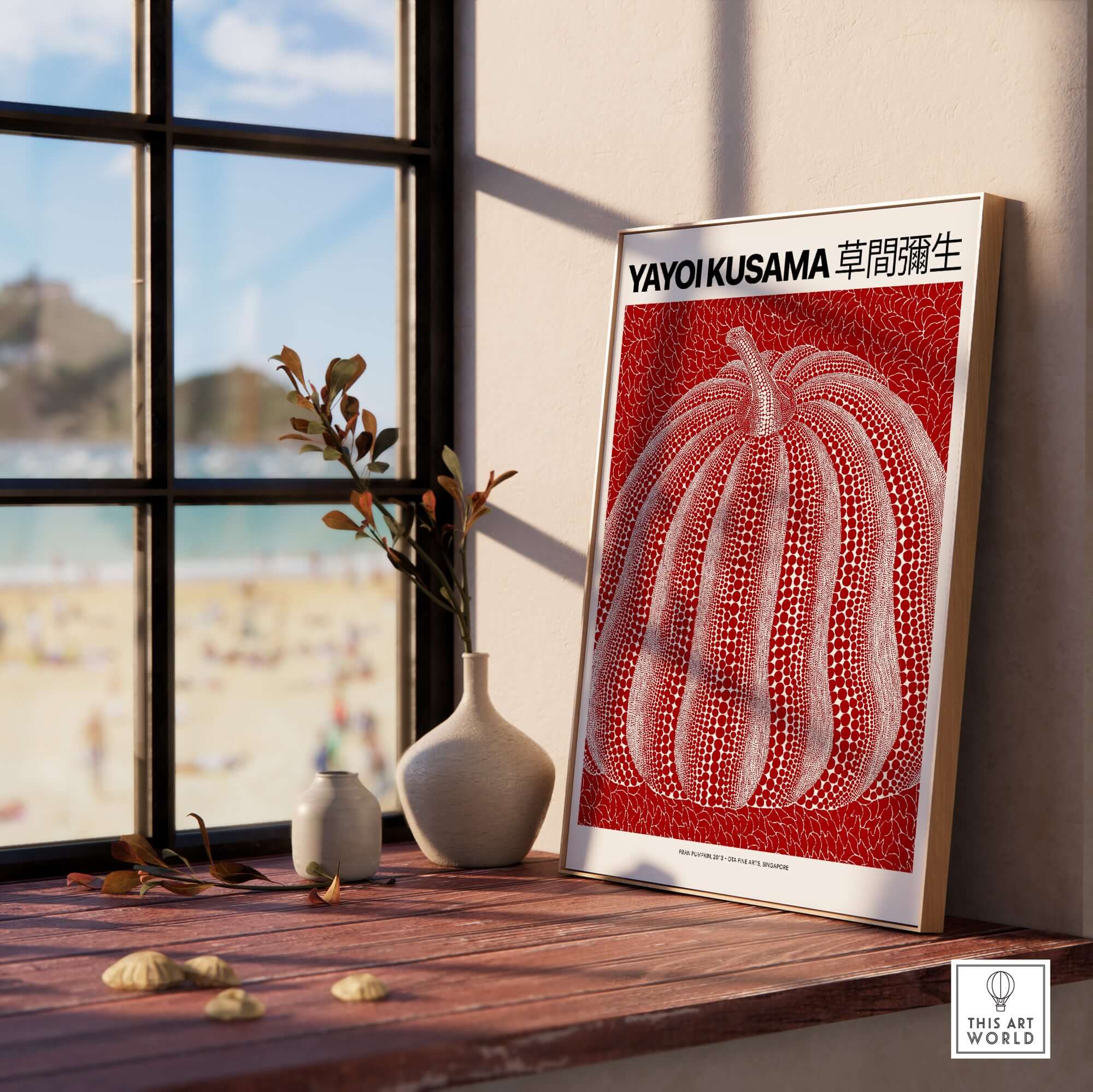 Yayoi Kusama Red White Pumpkin 2013 Singapore Exhibition Art Print Poster Polka Dot displayed in a stylish interior.