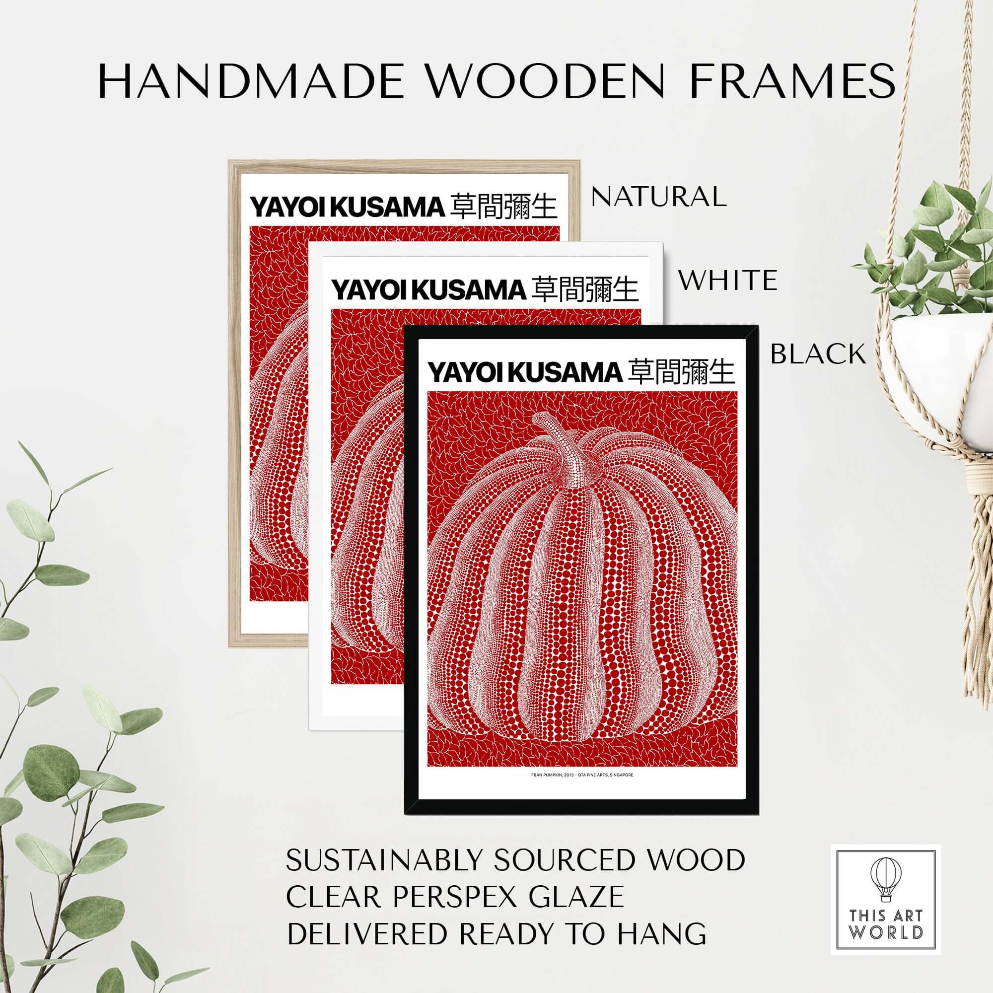 Yayoi Kusama Red White Pumpkin 2013 Singapore Exhibition Art Print Poster Polka Dot framed in natural, white, and black wooden frames.