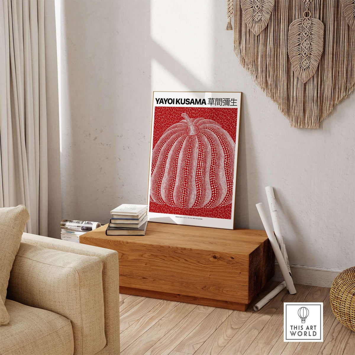 Yayoi Kusama Red White Pumpkin 2013 Singapore Exhibition Art Print Poster Polka Dot displayed in a contemporary living room.