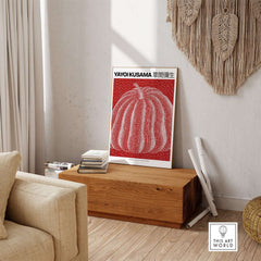 Yayoi Kusama Red White Pumpkin 2013 Singapore Exhibition Art Print Poster Polka Dot displayed in a contemporary living room.