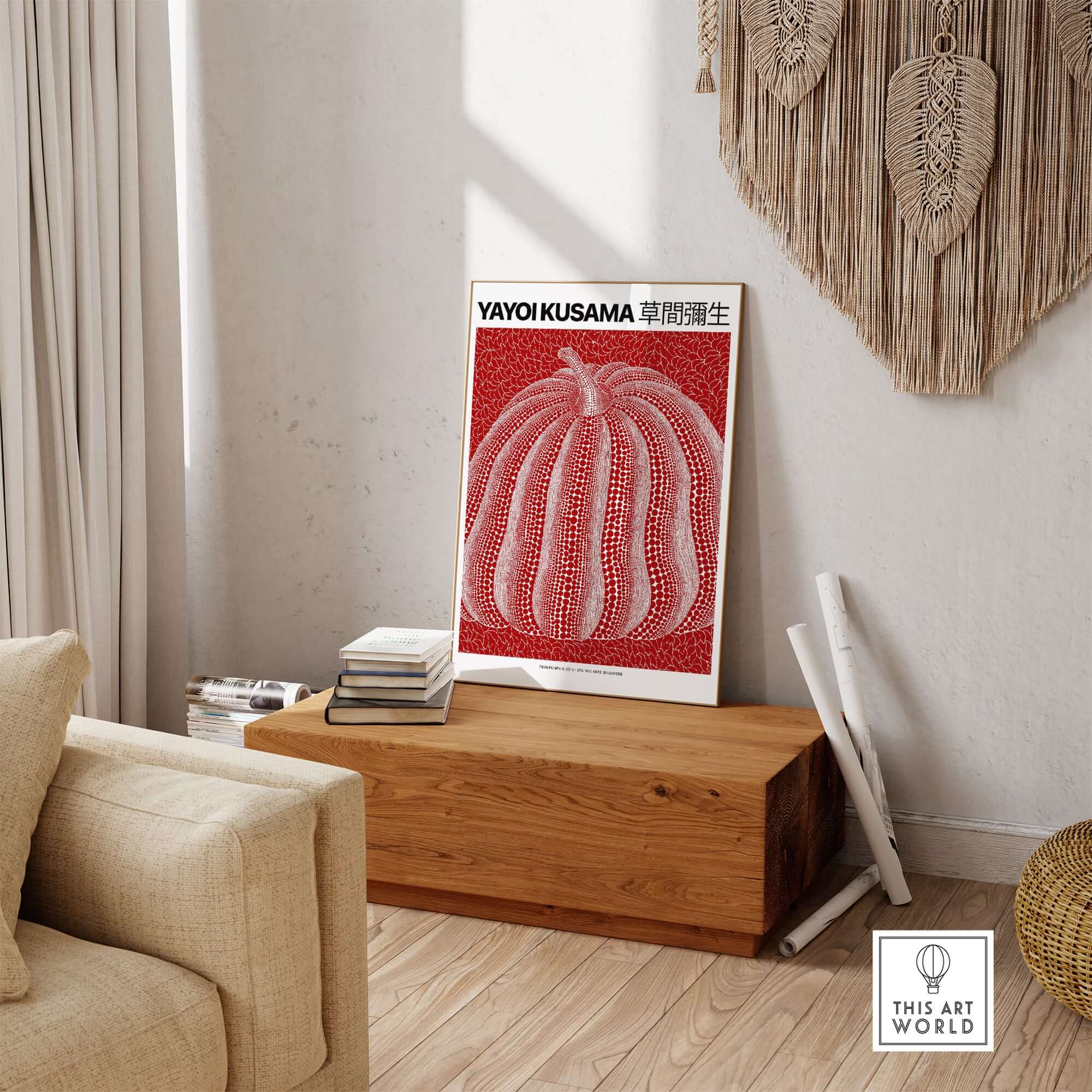 Yayoi Kusama Red White Pumpkin 2013 Singapore Exhibition Art Print Poster Polka Dot displayed in a contemporary living room.