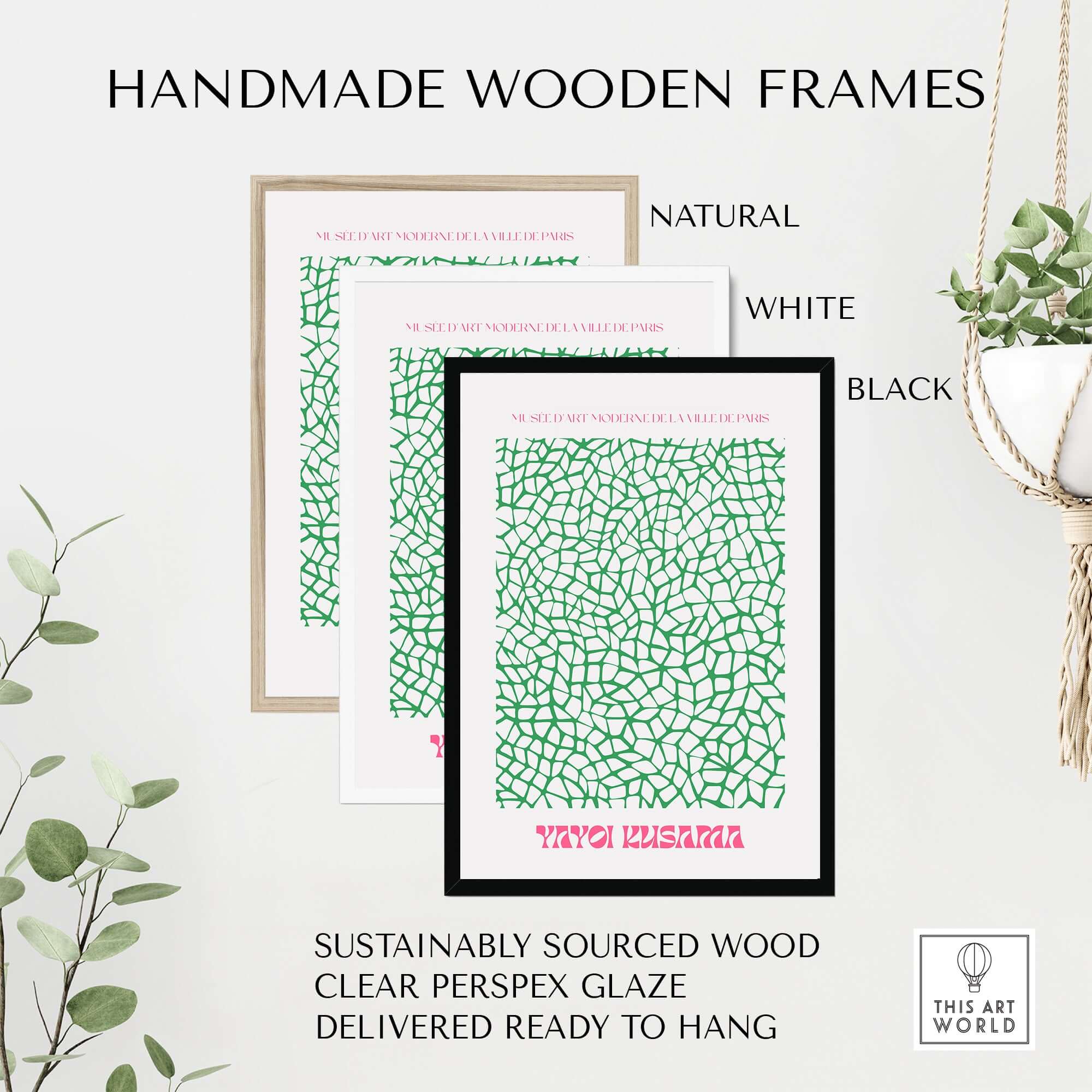 Yayoi Kusama Green Net Pattern Abstract Contemporary Art Print Paris Poster Decor displayed in handmade wood frames.