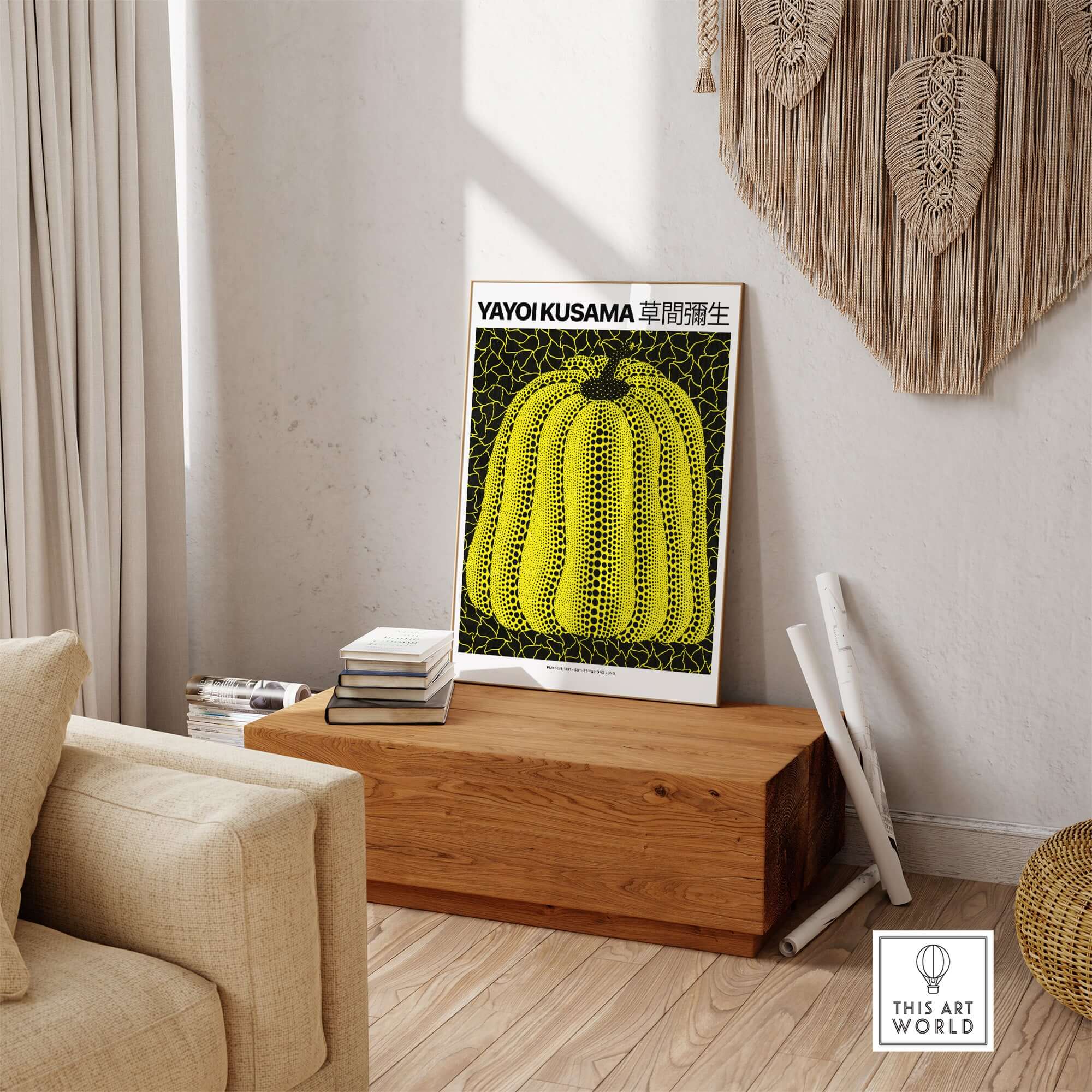 Yayoi Kusama Yellow Black Pumpkin 1991 Hong Kong Art Print Poster Polka Dot Decor displayed in a cozy room setting.