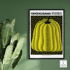 Yayoi Kusama Yellow Black Pumpkin 1991 Hong Kong Art Print Poster Polka Dot Decor framed in a modern interior with plants.