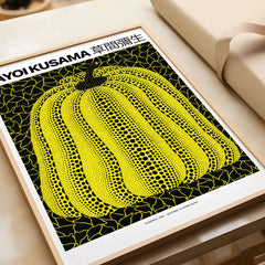 Yayoi Kusama Yellow Black Pumpkin 1991 Hong Kong Art Print Poster Polka Dot Decor displayed framed.