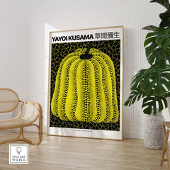 Yayoi Kusama Yellow Black Pumpkin 1991 Hong Kong Art Print Poster Polka Dot Decor displayed in a modern interior setting.