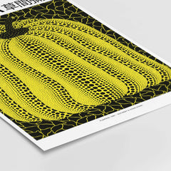 Yayoi Kusama Yellow Black Pumpkin 1991 Hong Kong Art Print Poster Polka Dot Decor featuring yellow polka dotted pumpkin.